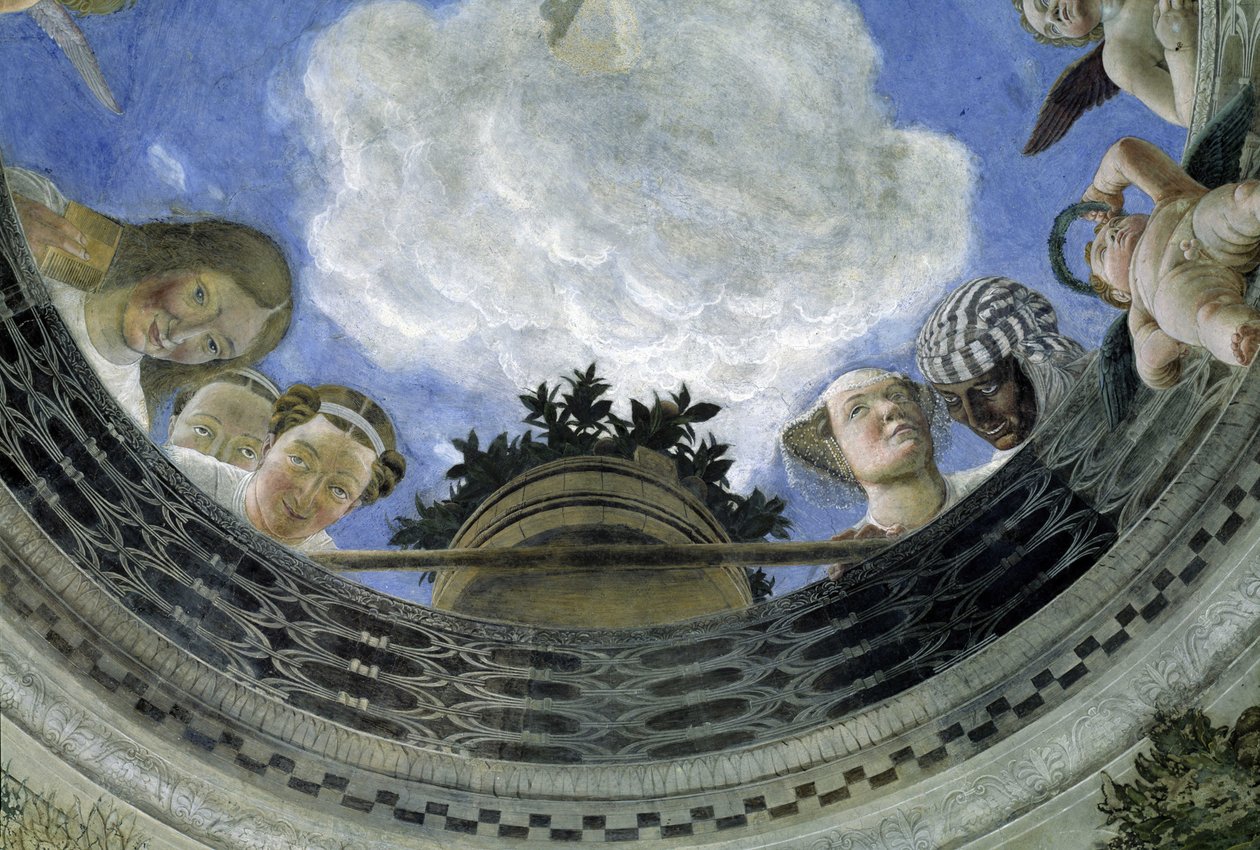 Oculo del soffitto della Casa degli Sposi, Palazzo Ducale di Mantova, Italia (Camera degli Sposi, Palazzo Ducale, Mantova): dettaglio di figure allegoriche e putti. Affresco di Andrea Mantegna (1431-1506) da Andrea Mantegna