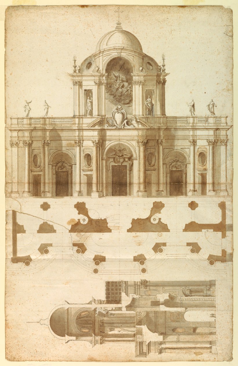 Proposta di elevazione, sezione e pianta per la facciata di San Giovanni, Laterano, Roma, Italia da Andrea Pozzo