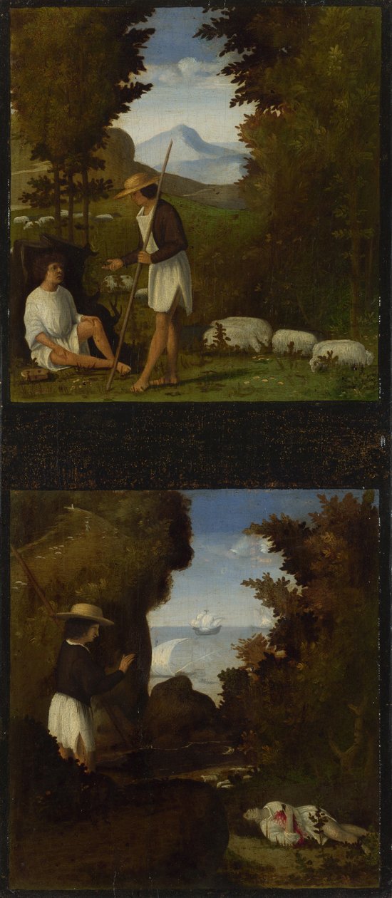 Scene dalle Ecloghe di Tebaldeo. Tirsis trova il corpo di Damon, c. 1510 da Andrea Previtali
