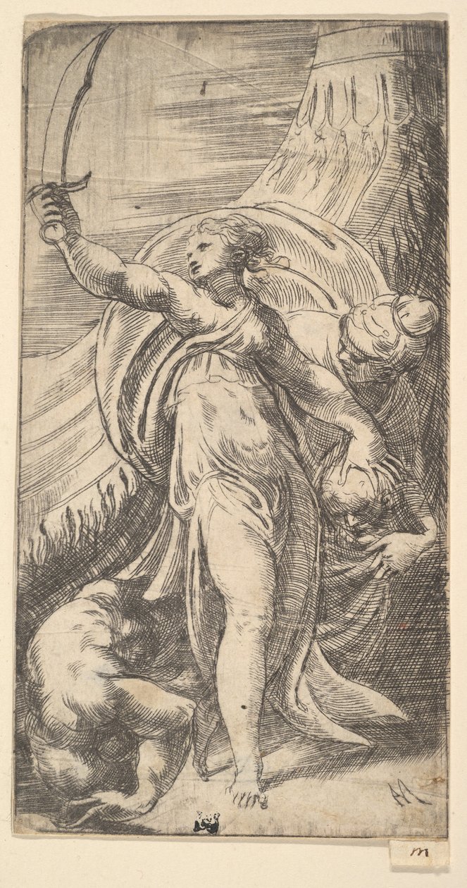Giuditta con la spada alzata nella mano destra, che pone la testa di Oloferne nel sacco, ca. 1542-45 da Andrea Schiavone