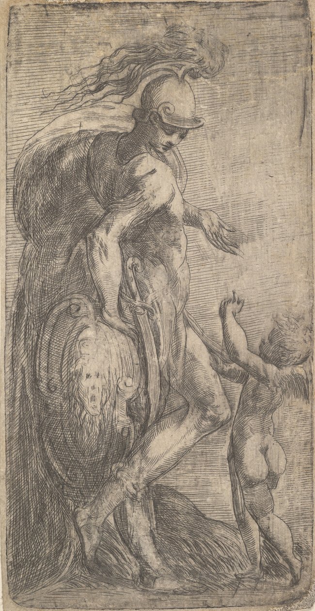 Marte in piedi a sinistra appoggiato a uno scudo, Cupido a destra, ca. 1542-46 da Andrea Schiavone