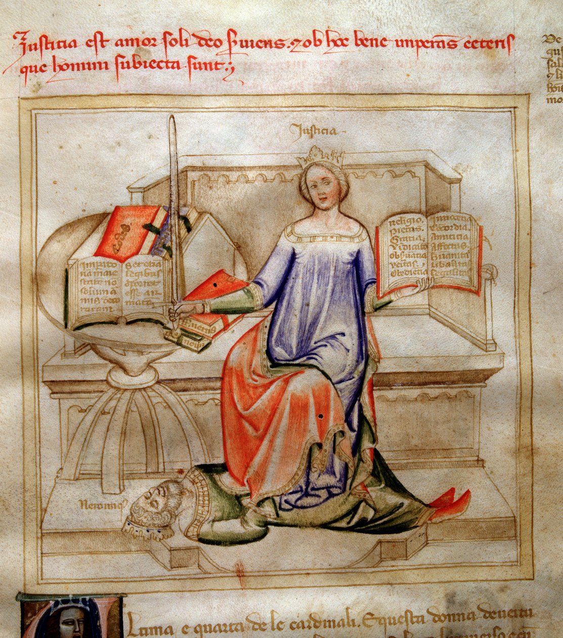 Allegoria della Giustizia in "Canzone delle sette virtù e delle sette arti liberali destinata a Bruzio Visconti" (La Canzone delle Virtù e delle Scienze) di Bartolomeo di Bartoli. Acquerello di Andrea di Bartoli (attivo tra il 1358 e il 1368) da Andrea de Bartoli