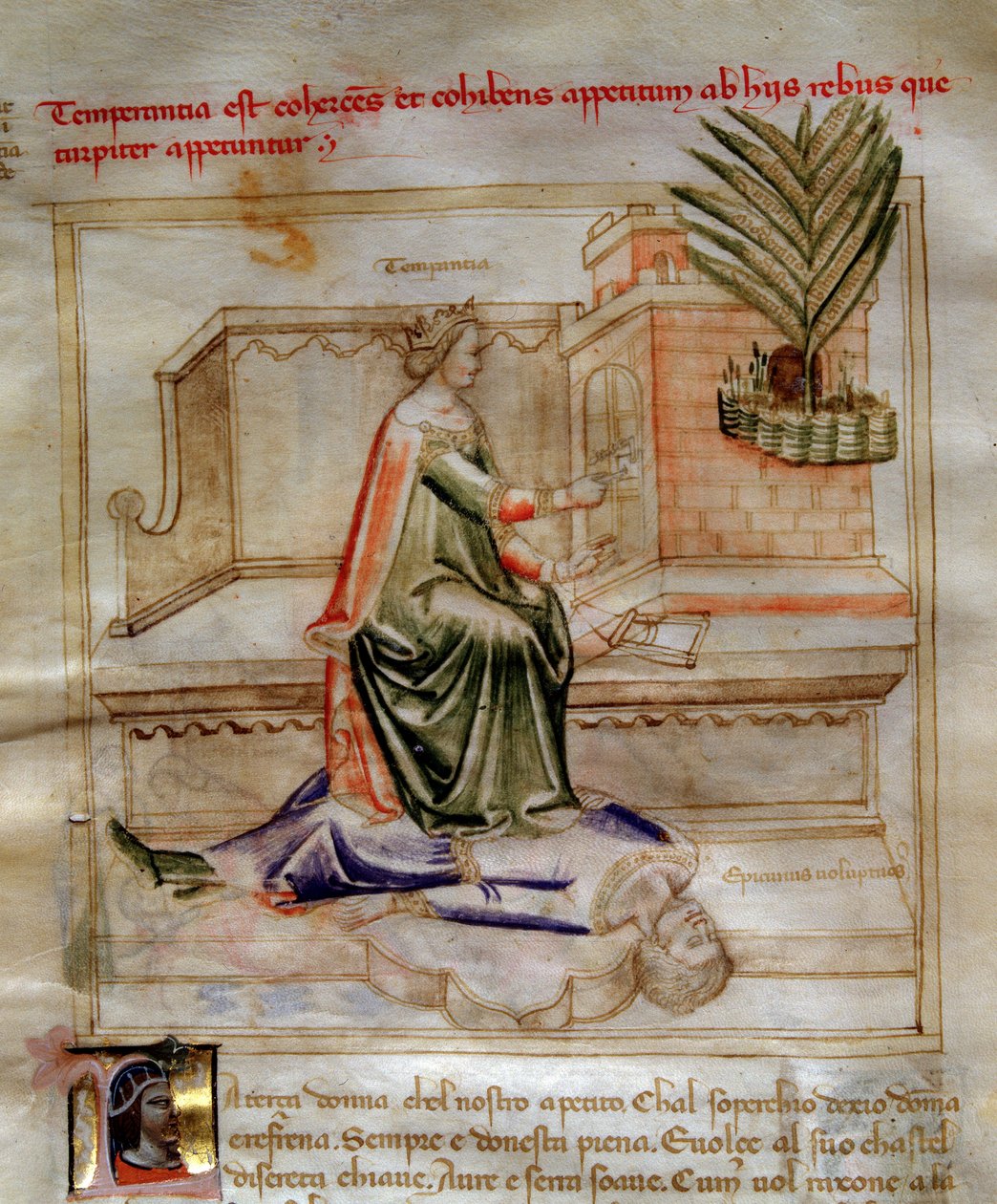 Allegoria della Temperanza in "Canzone delle sette virtù e delle sette arti liberali destinata a Bruzio Visconti" (La Canzone delle Virtù e delle Scienze) di Bartolomeo di Bartoli. Acquerello di Andrea di Bartoli (attivo tra il 1358 e il 1368) da Andrea de Bartoli