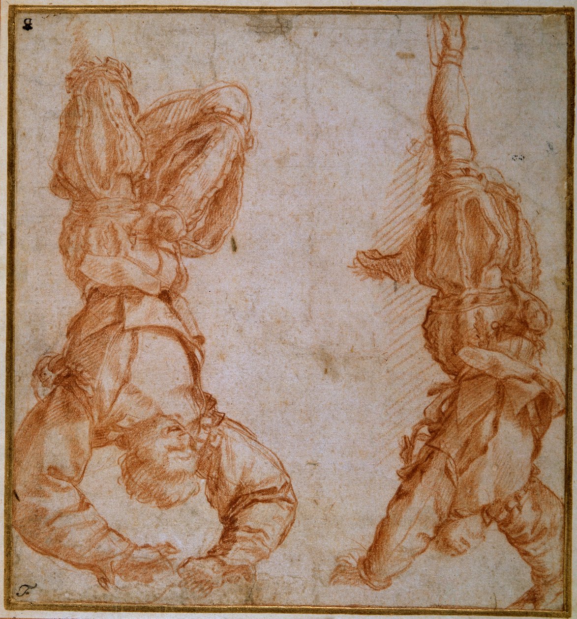 Due studi di un uomo sospeso per la gamba sinistra da Andrea del Sarto
