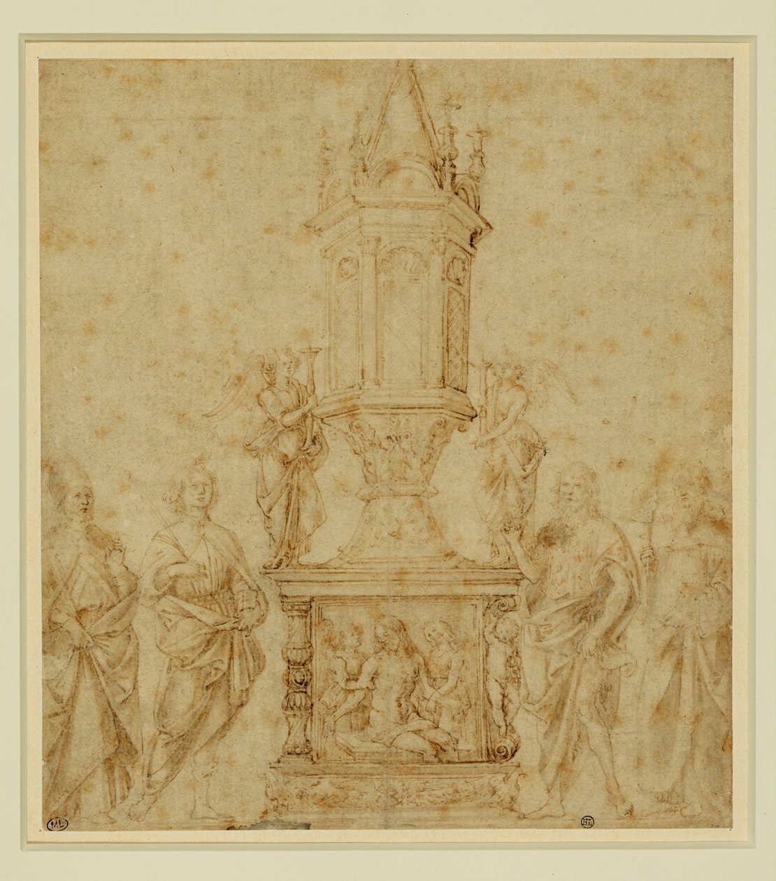 Scuola del Verrocchio. Reliquiario tra un santo ... da Andrea del Verrocchio