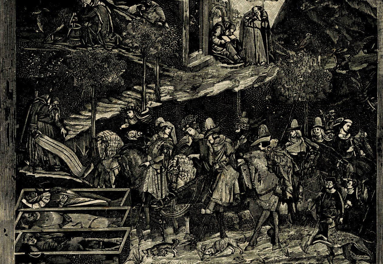 Cavalcata, (dettaglio) dal Trionfo della Morte, affresco di Andrea Orcagna, Pisa, Toscana, Italia, xilografia da Le cento città d