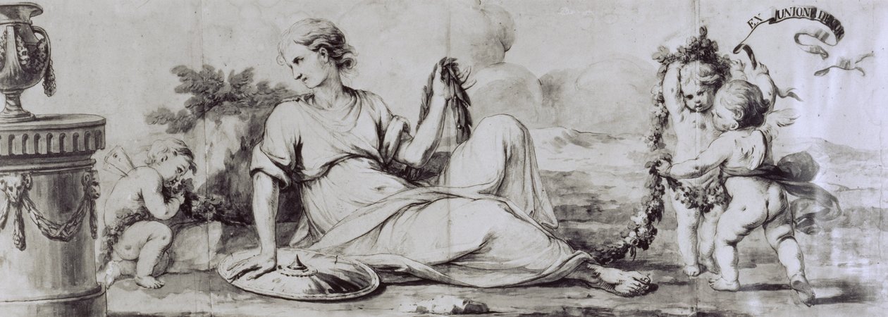 Figura femminile con putti, composizione allegorica, ca 1754, disegno di Andrea Appiani (1754-1817) per cassettone-scrittoio di Giuseppe Maggiolini, Italia da Andrea the Elder Appiani