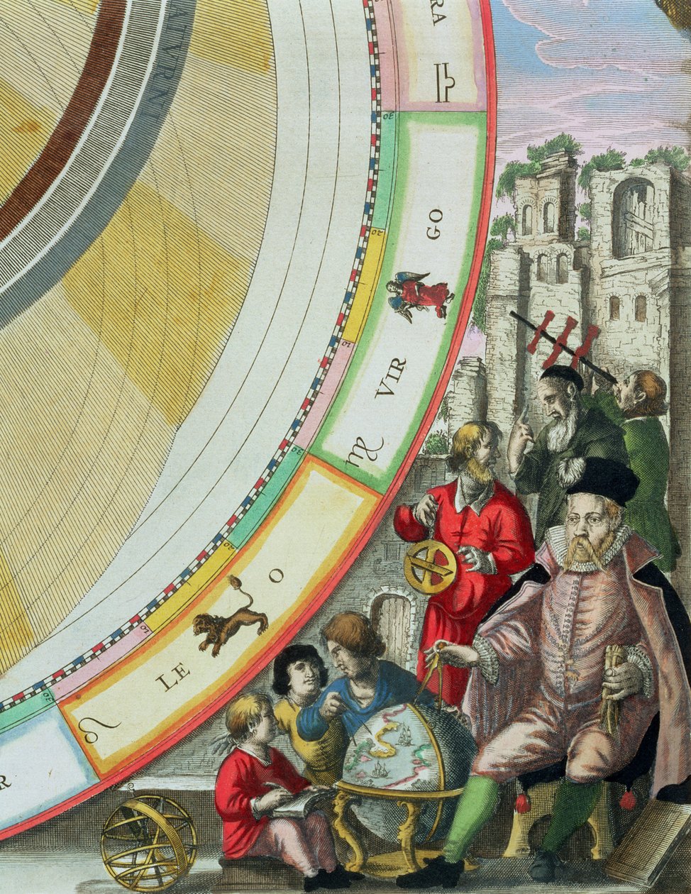 Tycho Brahe (1546-1601), (dettaglio) da una mappa che mostra il suo sistema di orbite planetarie, da 