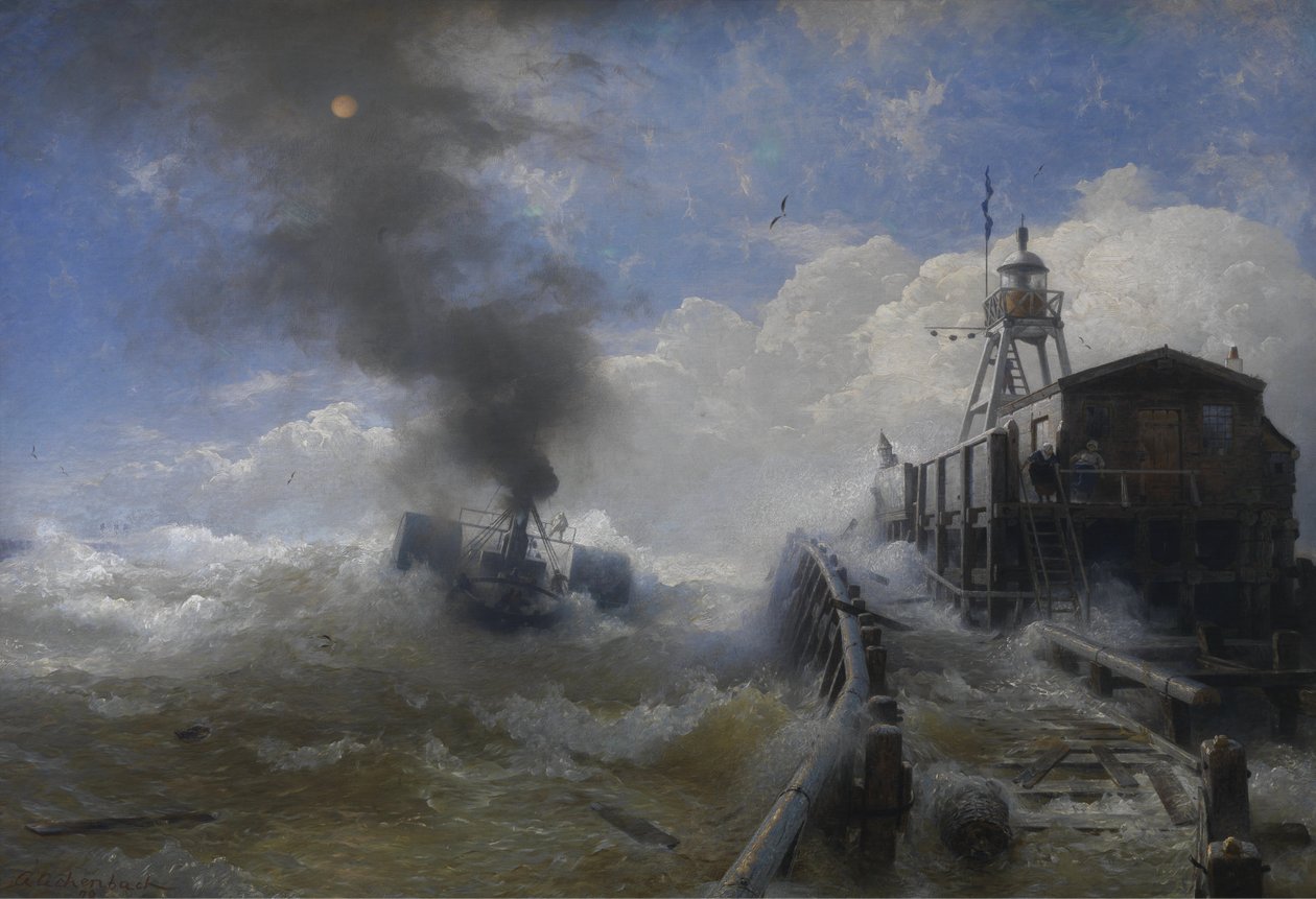 Tedesco: Ein Schlepper verlässt den Hafen von Ostende bei Flut Rimorchiatore che lascia il porto di Ostenda nel momento di massimo splendore da Andreas Achenbach