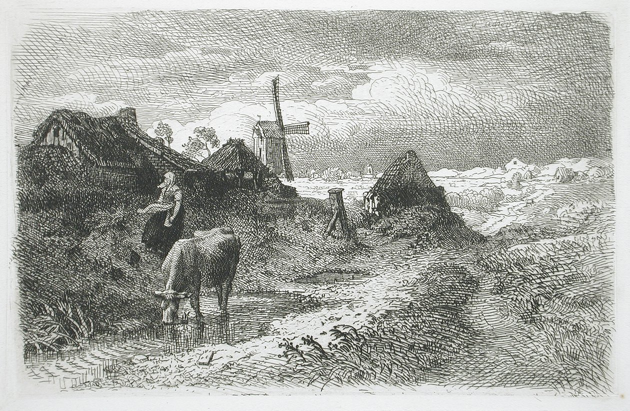 Paesaggio con casette e mulino a vento da Andreas Achenbach