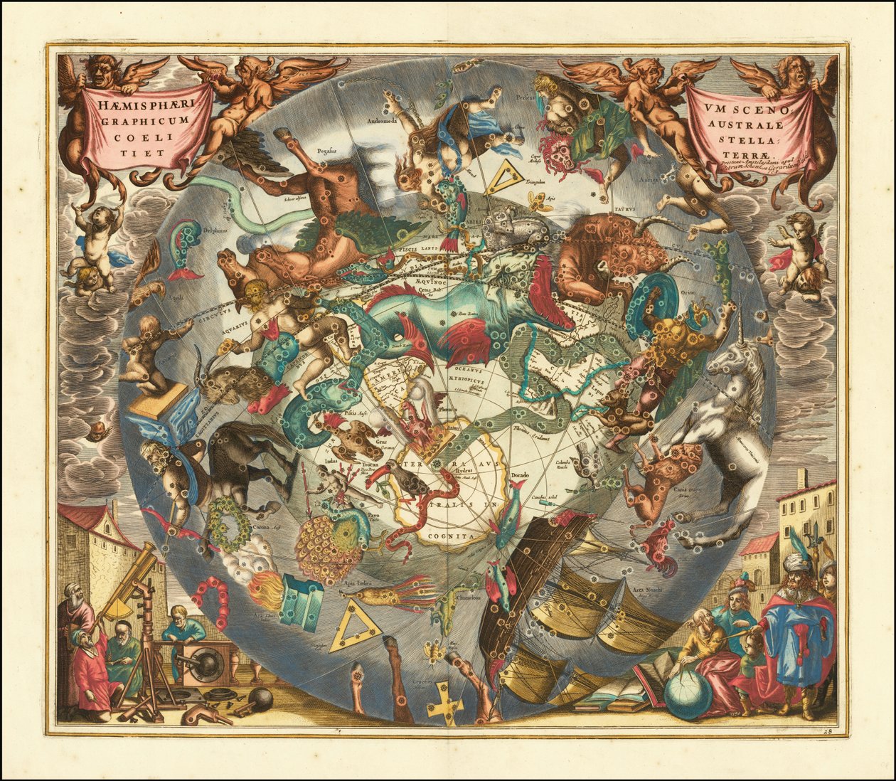 Mappa celeste del cielo australe del 1660, che illustra le costellazioni dell