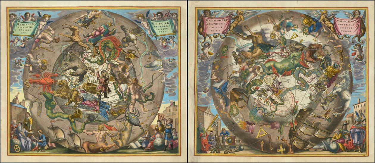 Hemisphaerii Borealis Coeli et Terrae Sphaerica Scenographia - Haemisphaerium Scenographicum Australe Coeli Stellati et Terrae da Andreas Cellarius