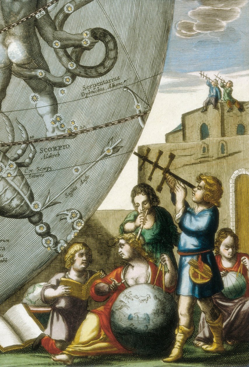 Scienziati (astrologi e astronomi) che studiano globi e la carta del cielo, dettaglio dall