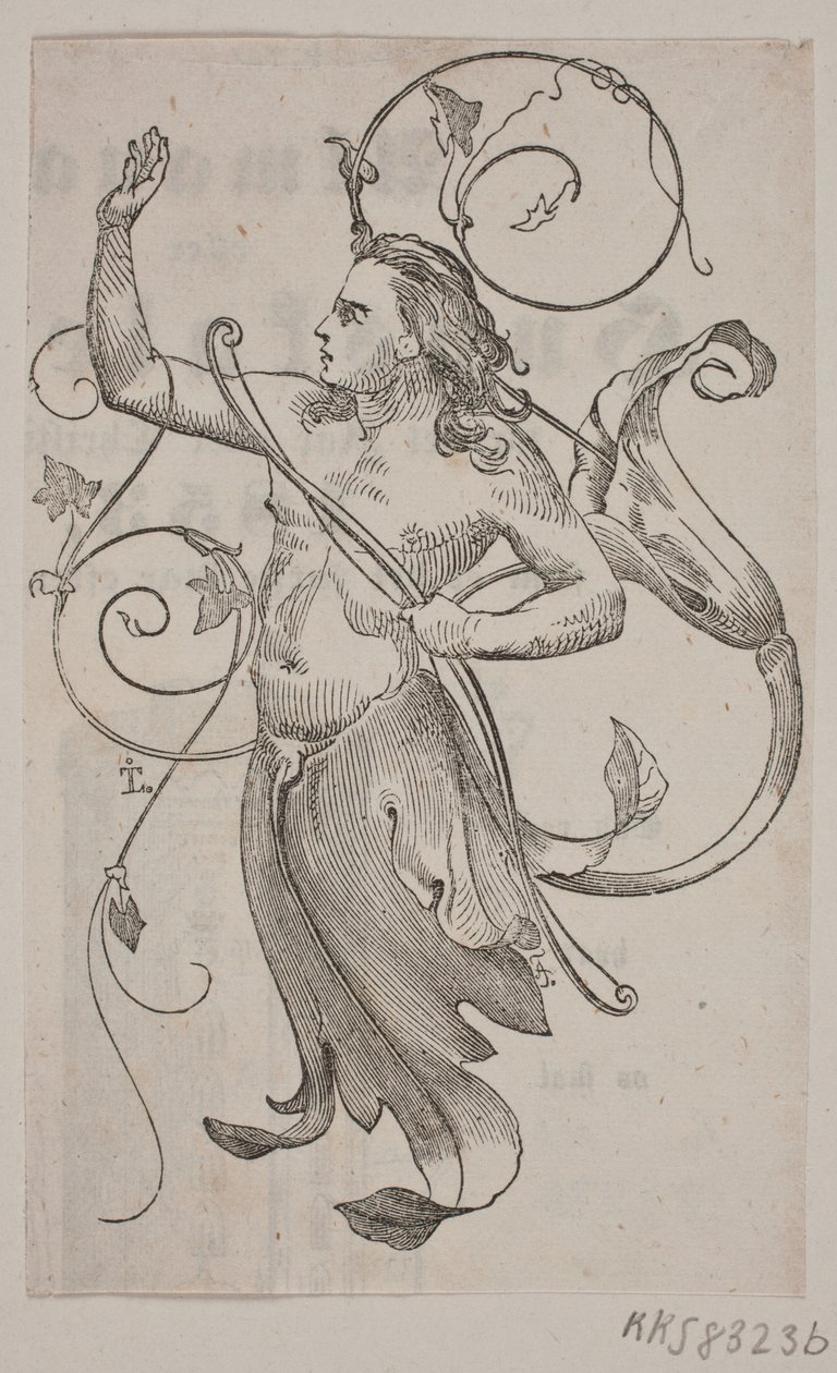 Genio con arco nella mano sinistra e mano destra alzata verso un uccello incoronato da Andreas Flinch