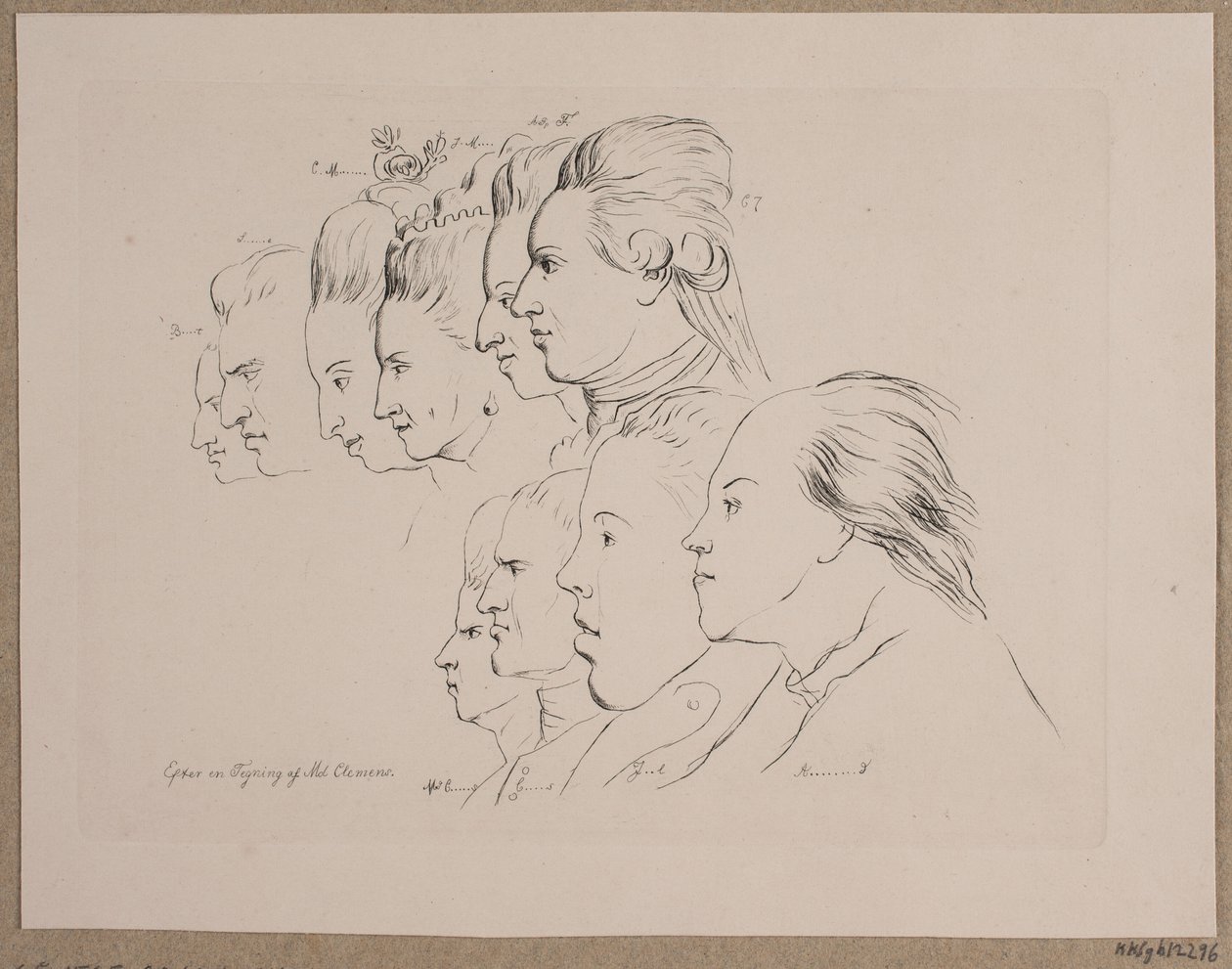 10 ritratti: Enevold Brandt, Johann Friedrich Struensee, Caroline Mathilde, Julieane Marie, Arveprins Frederik, Christian VII, Marie Jeanne Clemens, J. F. Clemens, Jens Juel e Nicolai Abildgaard da Andreas Peter Madsen