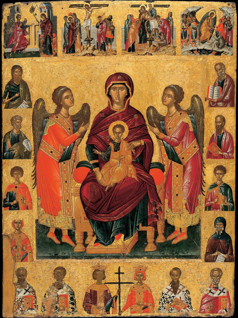 La Vergine e il Bambino in trono (con due angeli, la scena è incorniciata dalle figure degli evangelisti e dei santi, sormontata dalle scene della Passione e sotto, i patriarchi della Chiesa) da Andreas Ritzos