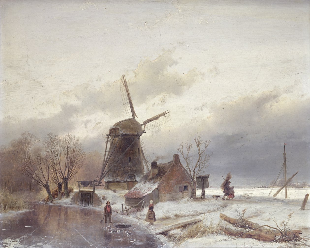 Paesaggio fluviale ghiacciato con mulino a vento da Andreas Schelfhout
