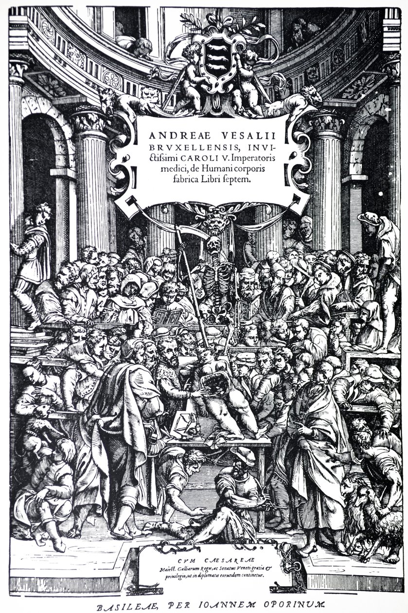 Pagina del titolo della seconda edizione del De Humani Corporis Fabrica, Tavola 3, 1555 da Andreas Vesalius