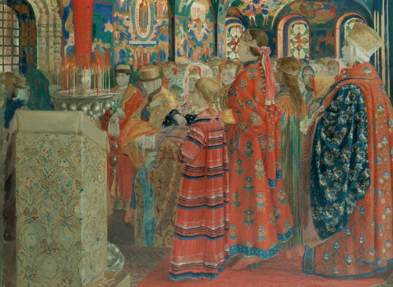 Donne russe del XVII secolo in chiesa da Andrei Petrovich Ryabushkin