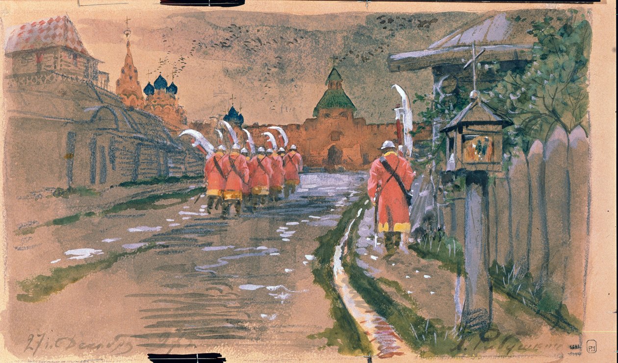 Pattuglia di strelets alla porta Ilyinsky nella vecchia Mosca da Andrei Petrovich Ryabushkin