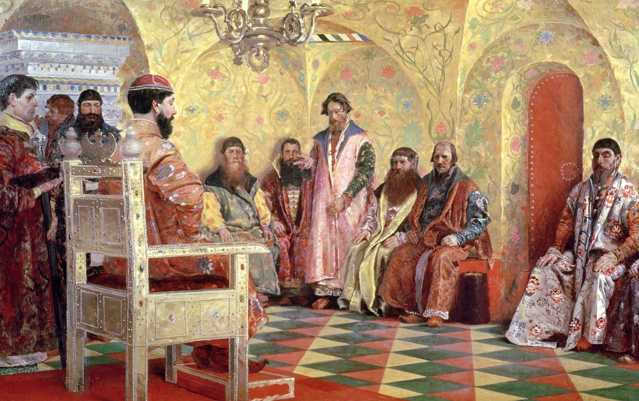 Lo zar Mikhail Fyodorovich con i boiardi nella sua stanza da Andrei Petrovich Ryabushkin