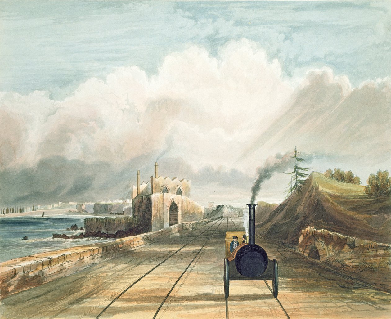 Ferrovia di Dublino e Kingstown: Dal ponte pedonale presso il Sea Point Hotel, guardando verso Salt Hill, il porto di Kingstown in lontananza, inciso da J. Harris, 1834 da Andrew Nicholl