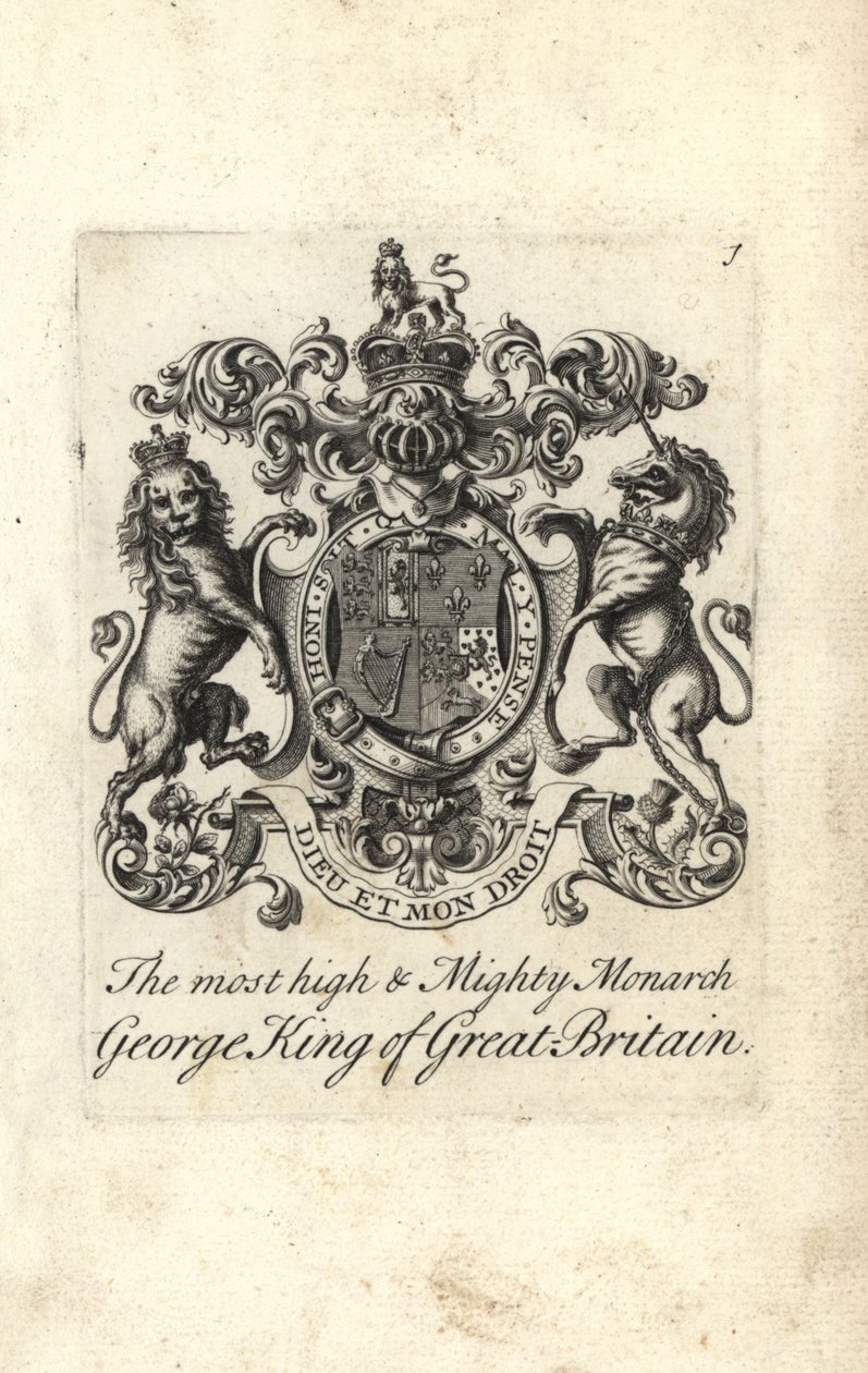 Stemma e cresta del sommo e potente monarca Re Giorgio I di Gran Bretagna da Andrew Johnston