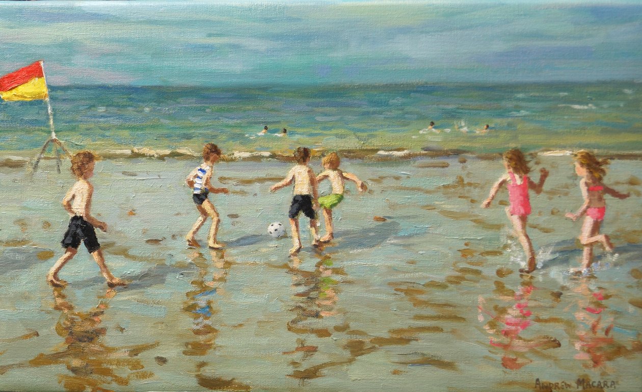 Calcio da spiaggia, Sheringham, 2018 (olio su tela) da Andrew Macara