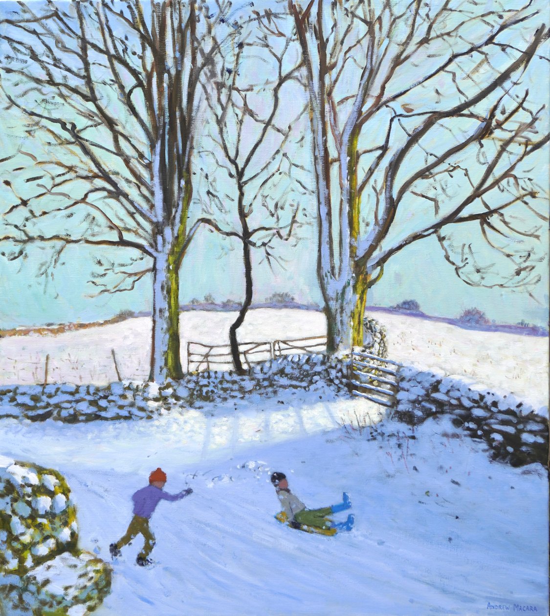 Grandi alberi e slitte, Derbyshire, 2023 (olio su tela) da Andrew Macara