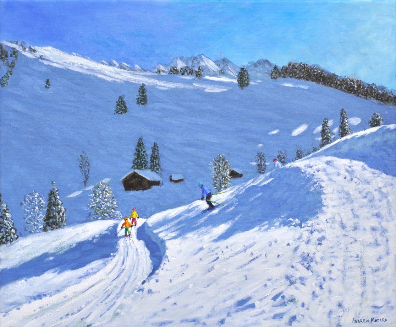 Mattina sugli sci, La Clusaz, Francia, 2018 (olio su tela) da Andrew Macara