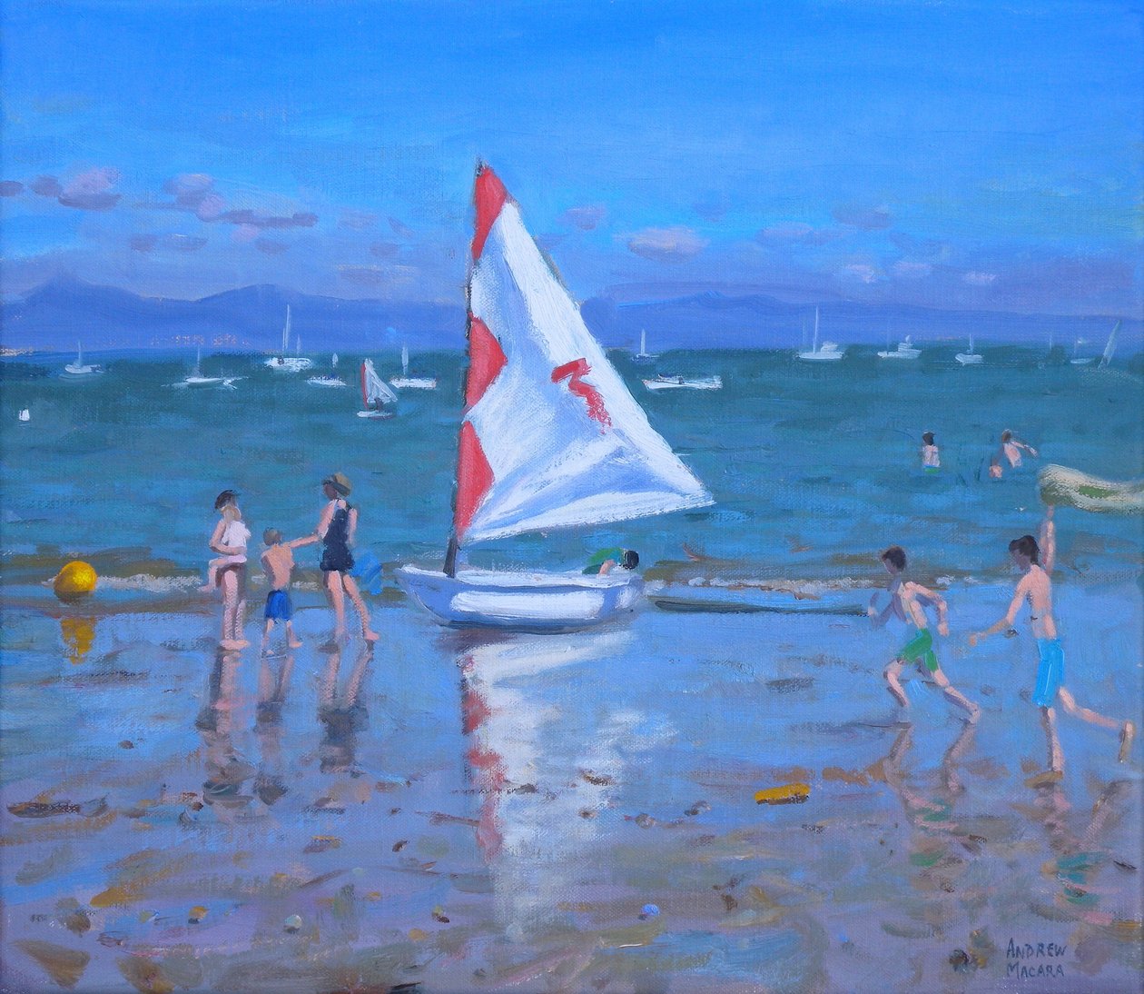 Barca a vela rossa e bianca, Abersoch (olio su tela) da Andrew Macara