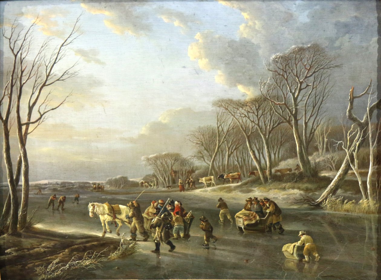 Viaggiatori in slitta su un fiume in Olanda da Andries Vermeulen