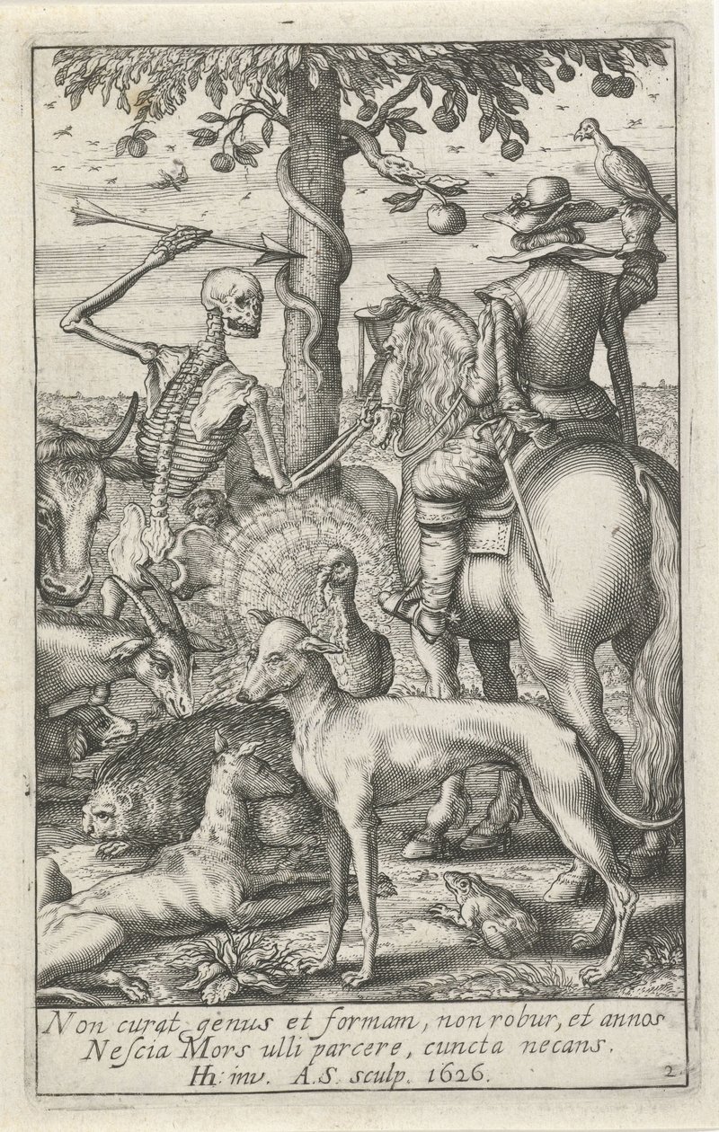 Scheletro con freccia e falconiere, tra animali da Andries Jacobsz. Stock