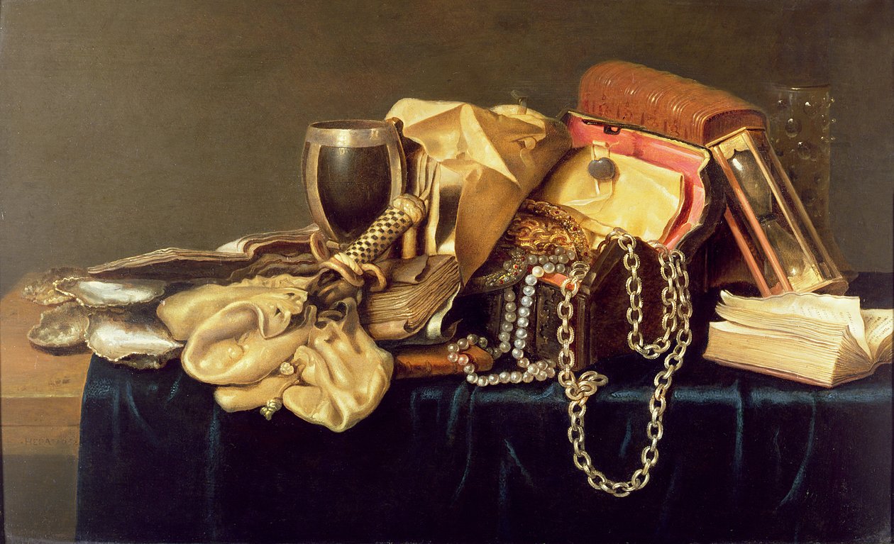 Natura morta con un cofanetto di gioielli, libri e ostriche da Andries Vermeulen