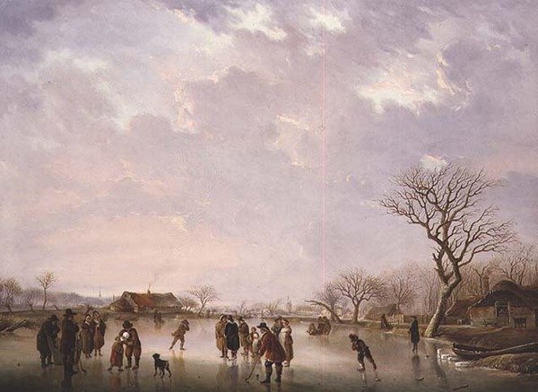 Scena invernale con giocatori di hockey e altre figure da Andries Vermeulen