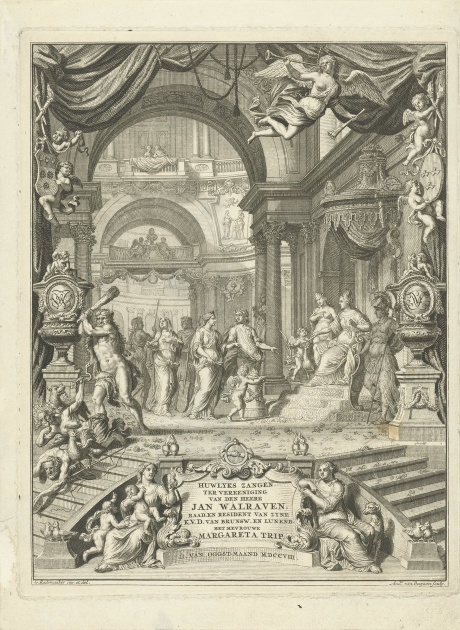 Pagina del titolo per: Huwlykszangen ter vereeniging van den heere Jan Walraven, raadt (...) van zyne keurvorstelyke doorluchtigheit van Brunswyk en Lunenburg. Met mevrouwe Margareta Trip. Amsterdam, 108 da Andries van Buysen (Sr.)