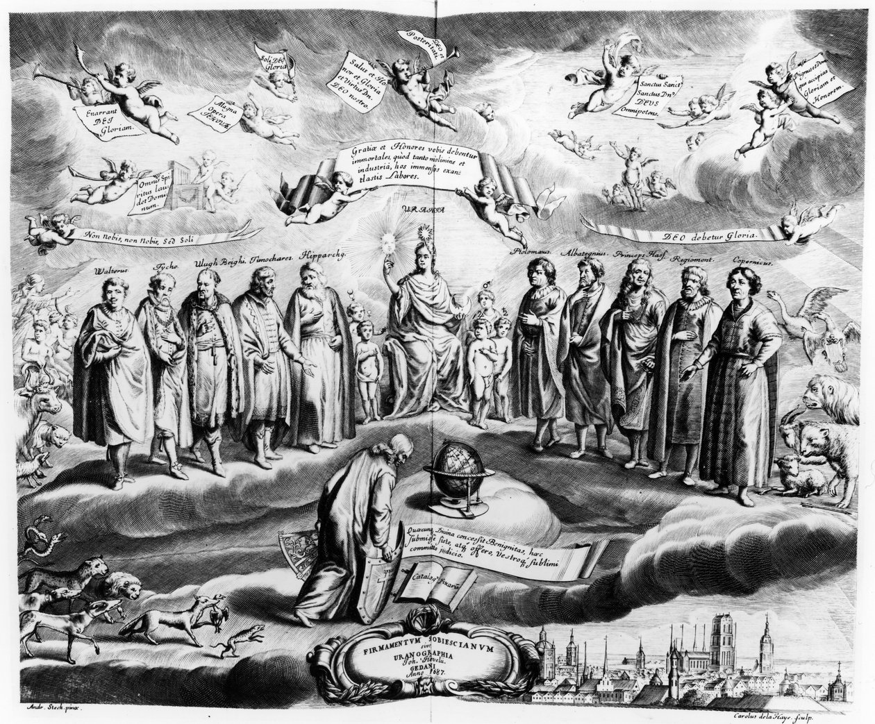Firmamentum Sobiescianum o Uranographia, di Johannes Hevelius (1611-87), inciso da Carolus de la Haye, pub. nel 1687 da Andrzej Stech