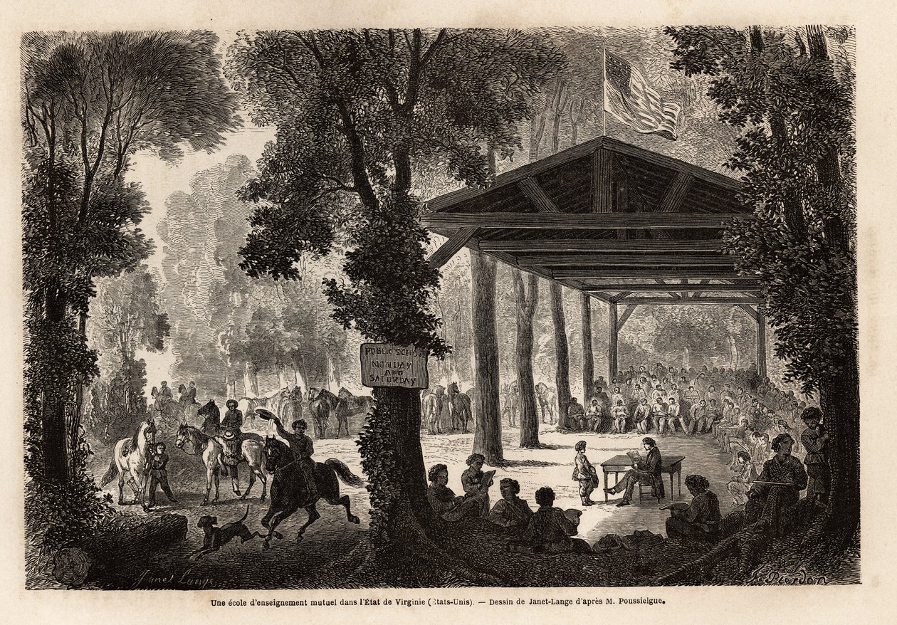 Una scuola di educazione reciproca, in un bosco della Virginia, disegno di Janet Lange, per illustrare una visita alla grotta di Mammoth, Kentucky, nel 1859, di M. Pousselgue. Incisione in "Le tour du monde", edito da Edouard Charton da Ange Louis Janet