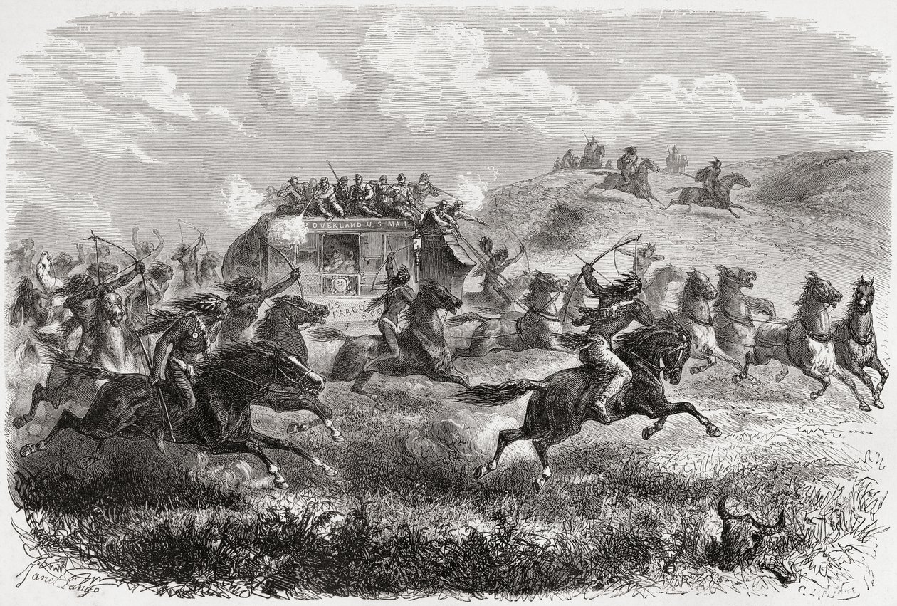 Indiani che attaccano una diligenza transcontinentale nel 1867, illustrazione da 