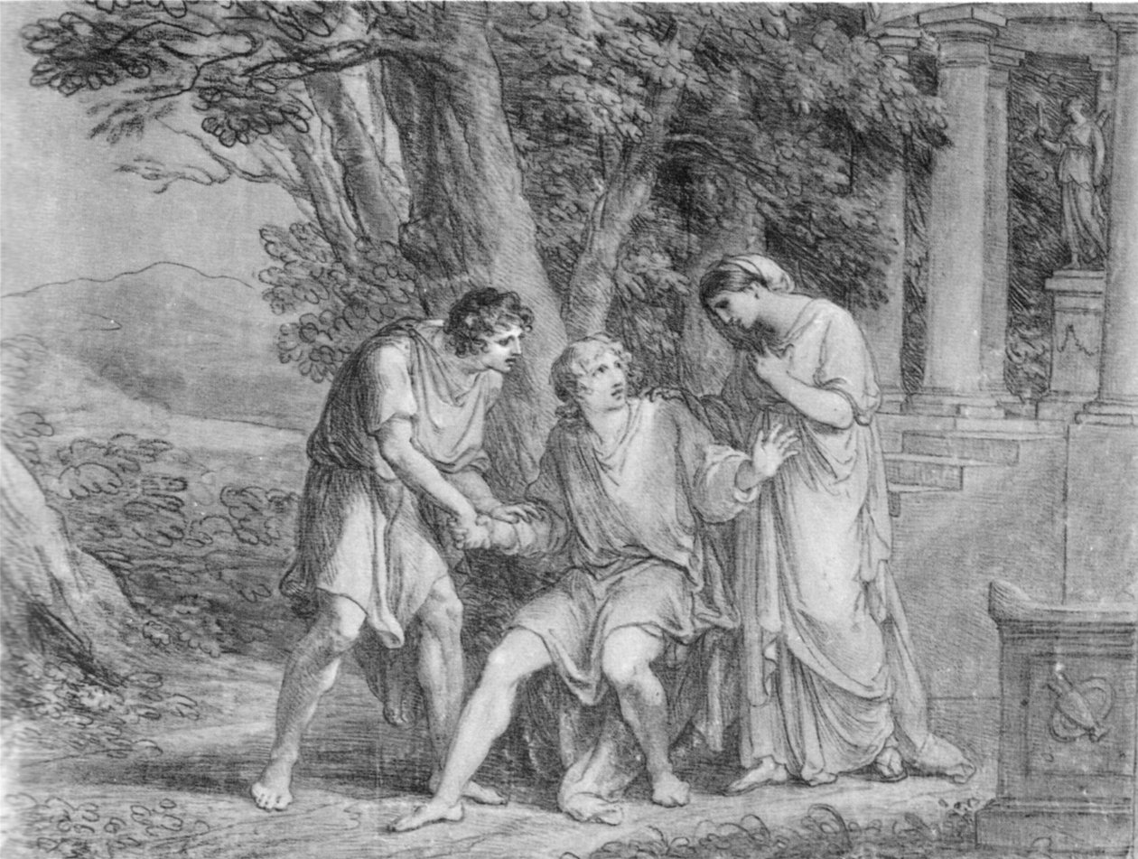Atto terzo, scena tre da Ifigenia in Tauride di Goethe. Disegno. Prima della versione finale della commedia a Weimar nel 1802. Goethe, che interpreta Oreste, seduto al centro da Angelica Kauffmann