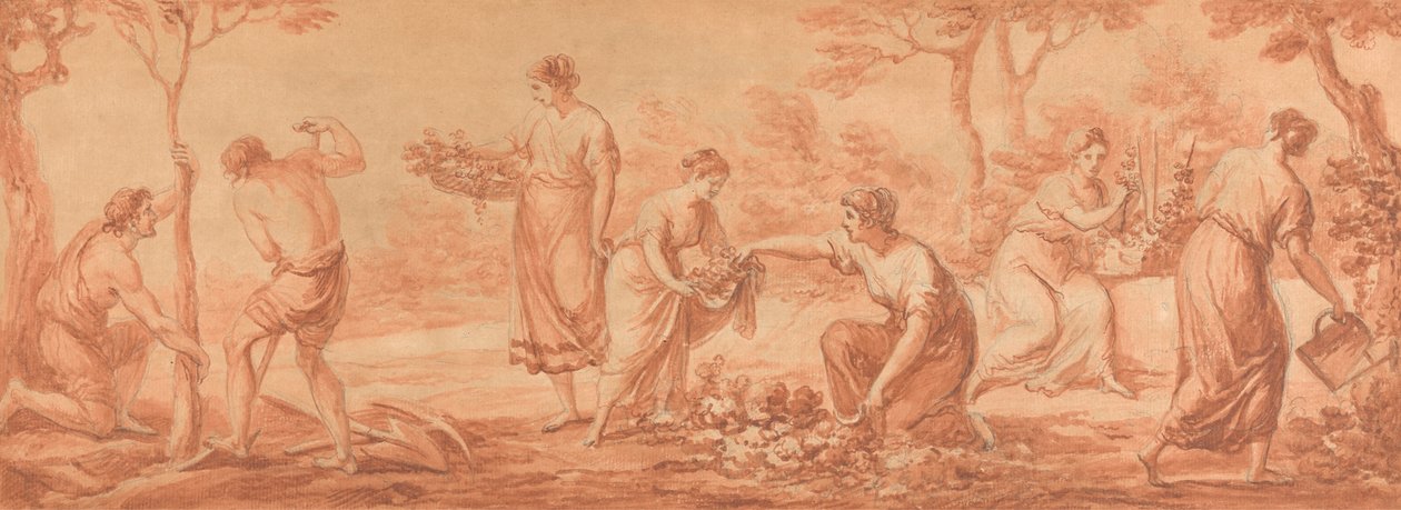 Un fregio: uomini che piantano alberi, donne che raccolgono fiori e annaffiano fiori da Angelica Kauffmann