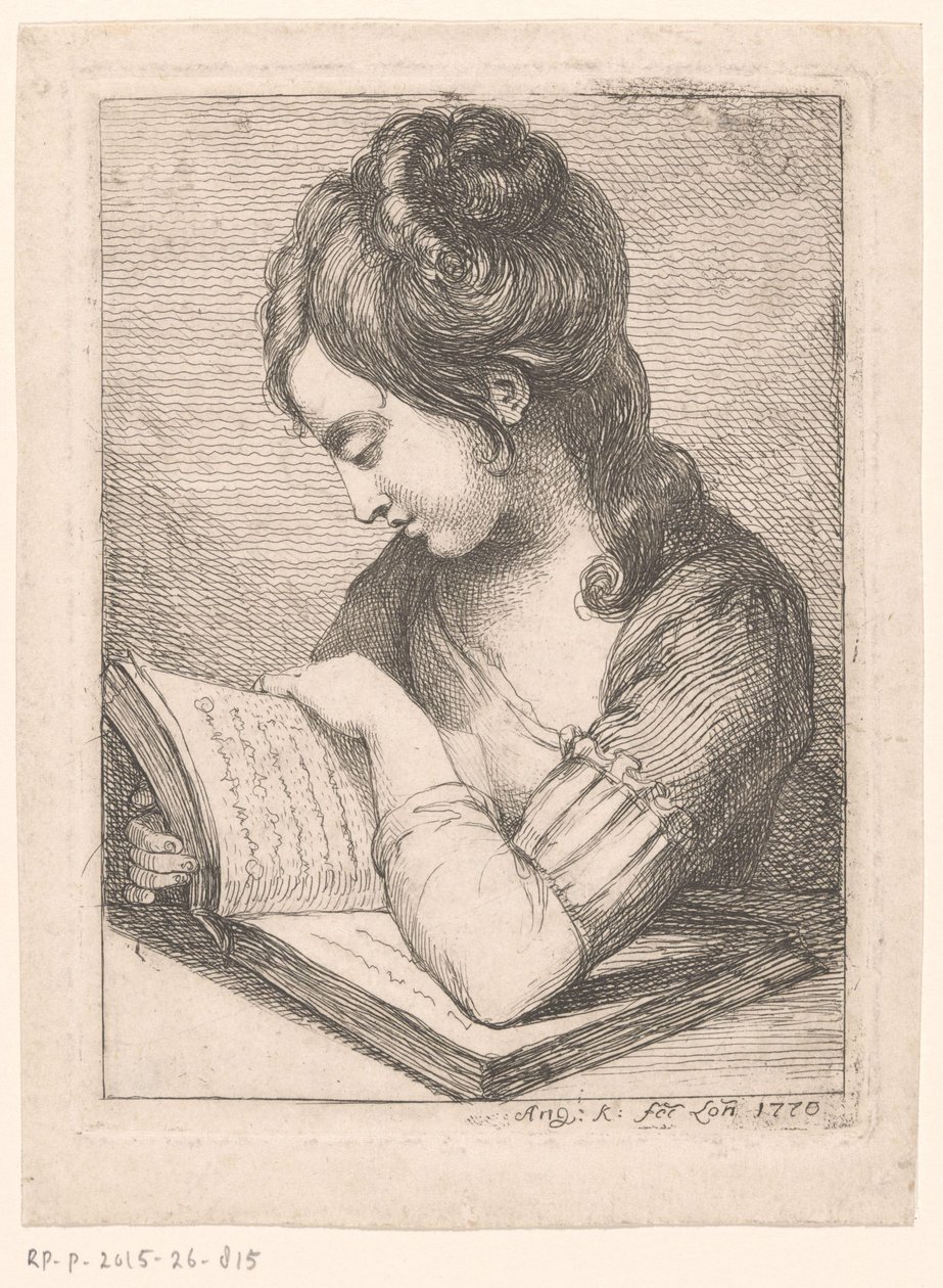 Giovane donna che legge a un tavolo, con il gomito appoggiato su un libro da Angelica Kauffmann
