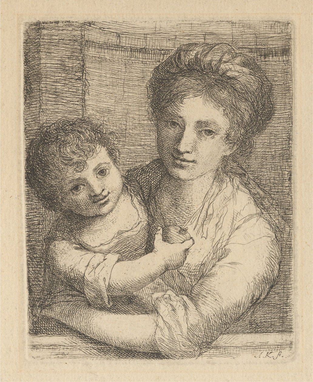 Mamma che tiene in braccio un bambino con una mela da Angelica Kauffmann