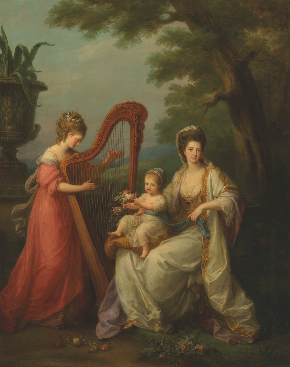 Ritratto di Lady Elizabeth Smith-Stanley, contessa di Derby, con il figlio neonato Edward, in seguito 13° conte di Derby, e la sorellastra, Lady Augusta Campbell, che suona l
