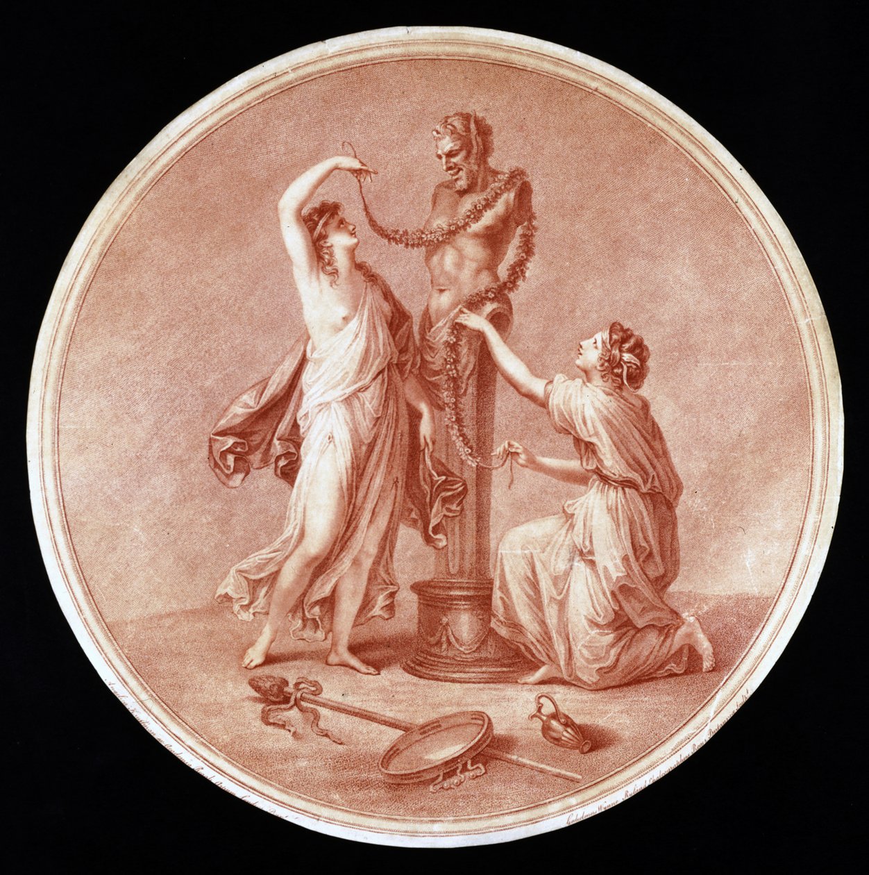 Ninfe che adornano una statua di Pan, inciso da William Wynne Ryland da Angelica after Kauffmann