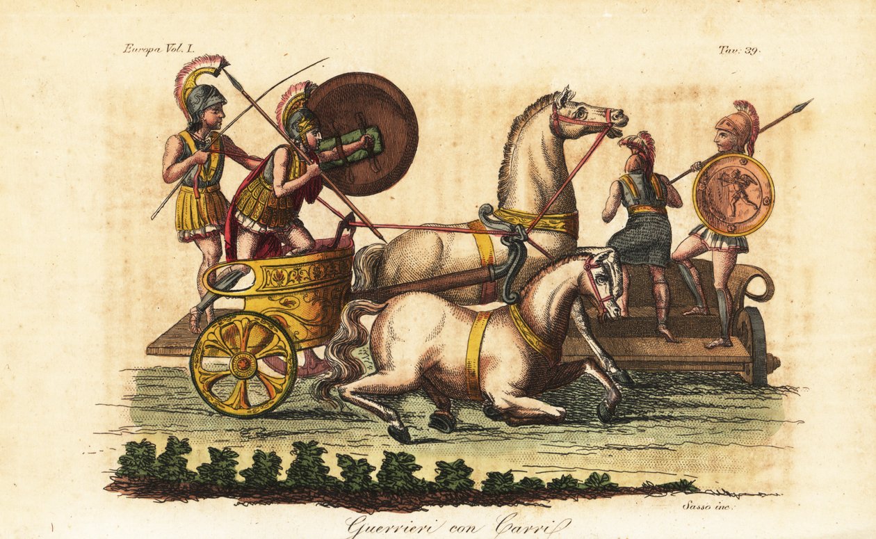 Antichi guerrieri greci con scudi dipinti che cavalcano una biga o carro a due cavalli da Angelo (after) Monticelli