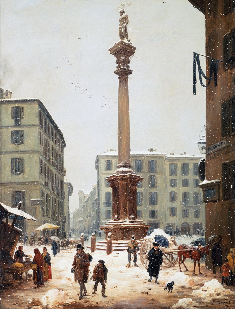 La colonna del Redentore al Verziere vista dalla vecchia via di San Bernardino a Milano da Angelo Inganni