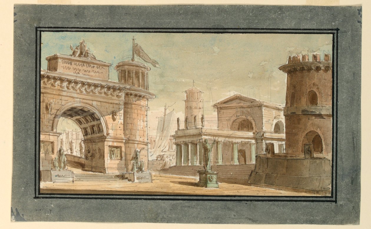 Progetto scenografico, gruppo di edifici vicino al porto da Angelo Toselli