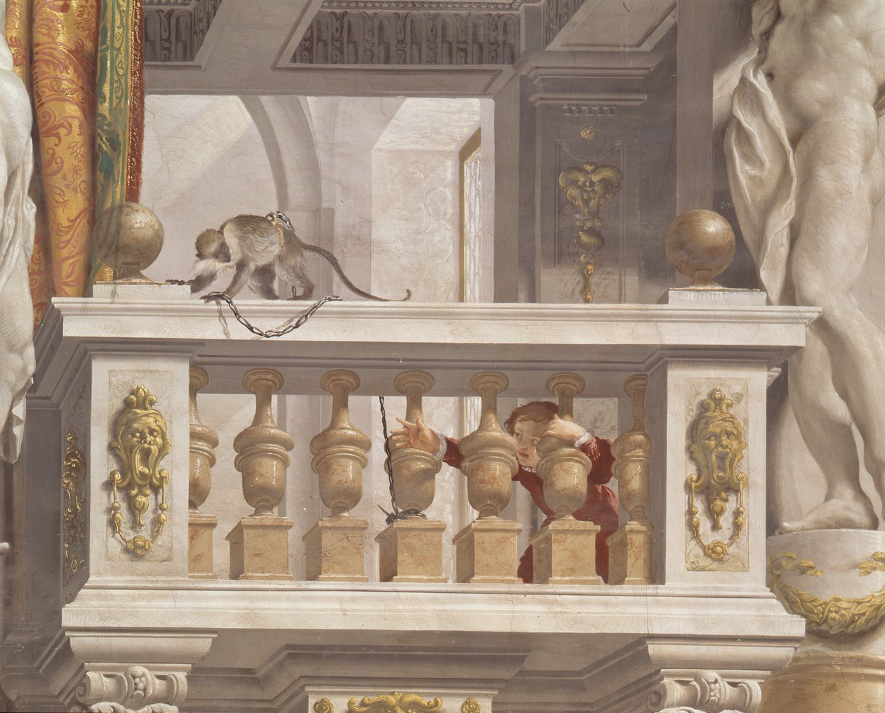 Sala di ricevimento del Granduca, dettaglio del soffitto che raffigura una scimmia e un ragazzo su una balaustra, 1638-44 da Angelo and Mitelli Colonna