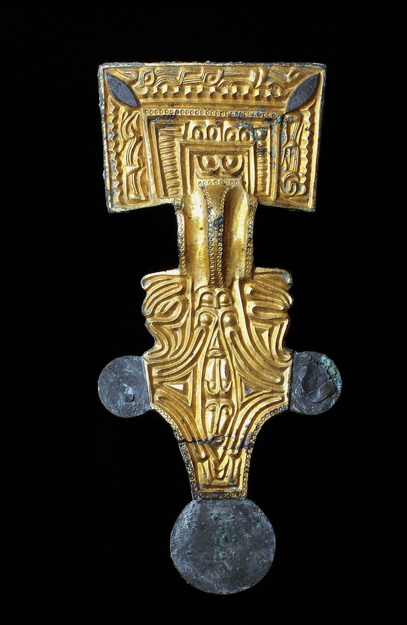 Lunga fibbia quadrata in bronzo dorato da Anglo-Saxon